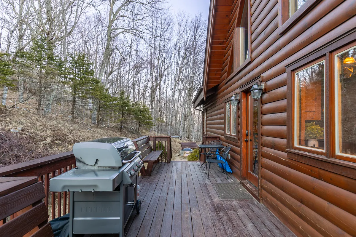 A wooden deck attached to the cabin, featuring a grill, outdoor dining area, and windows overlooking the surrounding nature. The scene suggests opportunities for outdoor relaxation, dining, and soaking in the fresh mountain air with pets at your side.
